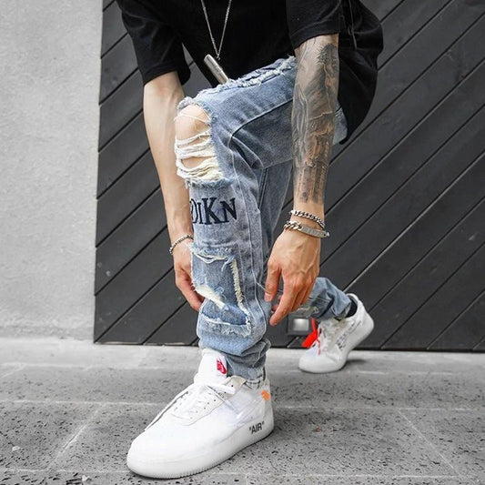 Knee Hole Patch Cloth Jeans For Men