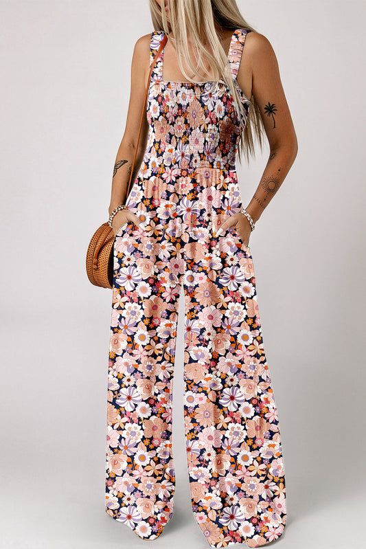Mono elástico de cintura alta con cuello cuadrado y estampado floral negro