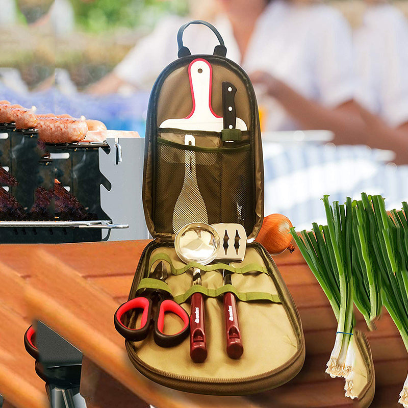 Juego de utensilios de cocina para acampar de 8 piezas, organizador de viaje, accesorios para parrilla, equipo compacto portátil para barbacoa, camping, senderismo