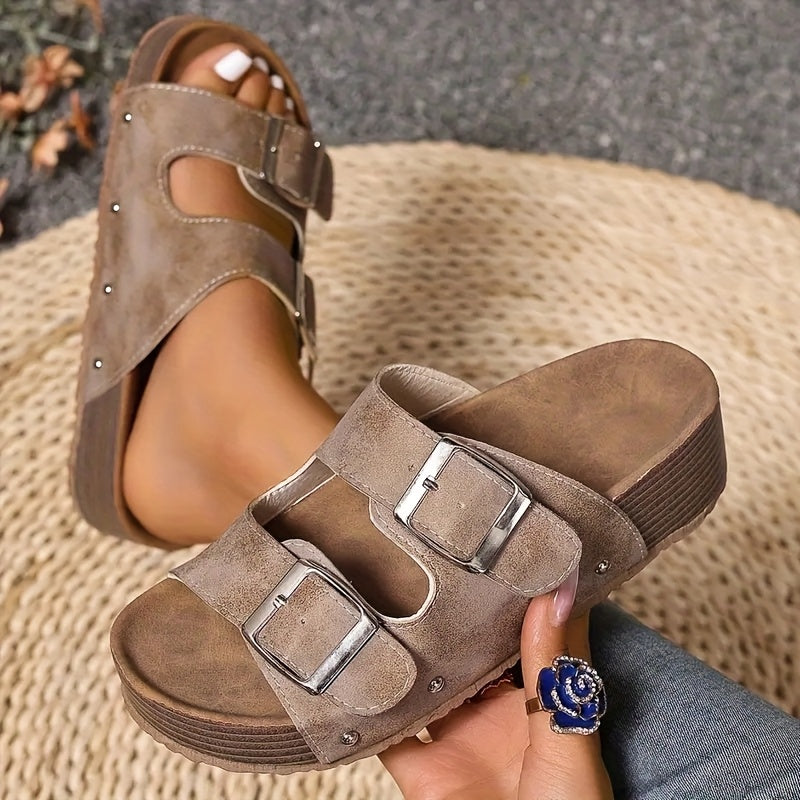 Elegantes sandalias planas de verano, tacón grueso con doble hebilla
