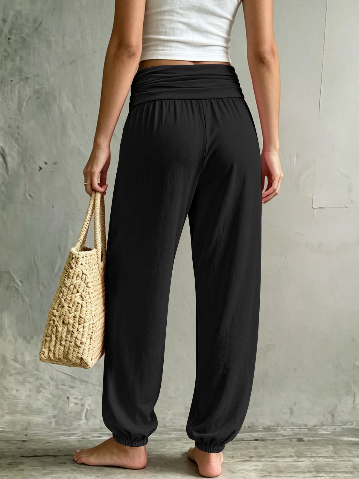 Summer Women Fold Over Waist Joggers, Soft Stretchy Loose Harem Pants Casual Daily Lounge Tapered Sweat Pants