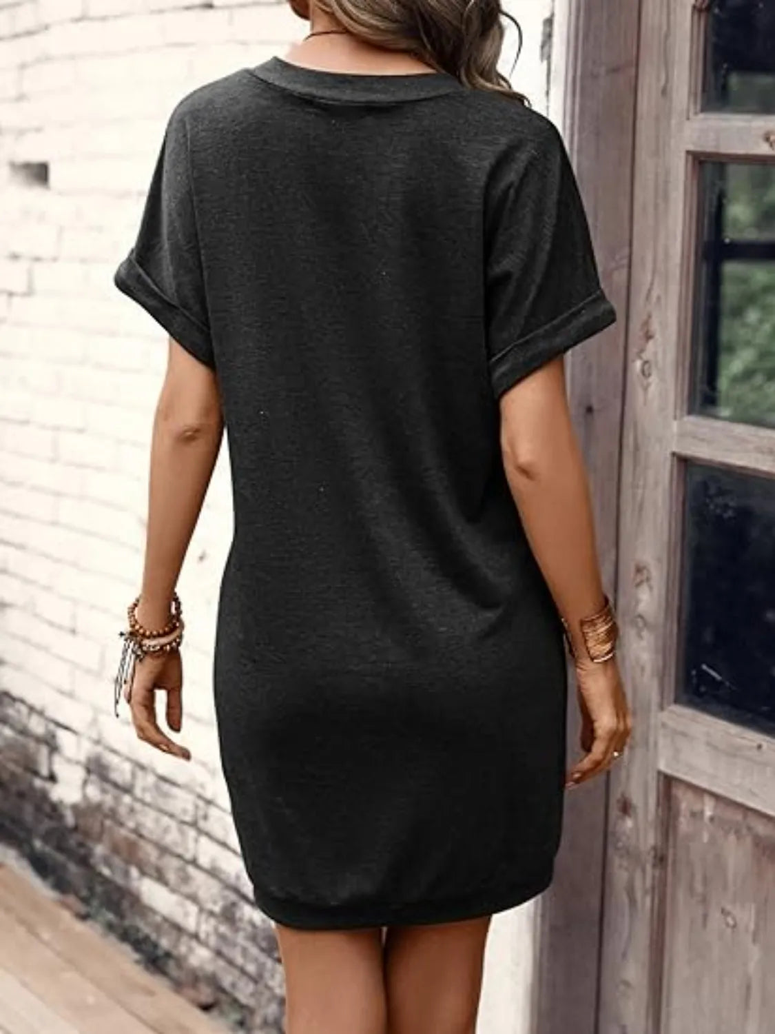 V-Neck Short Sleeve Mini Tee Dress