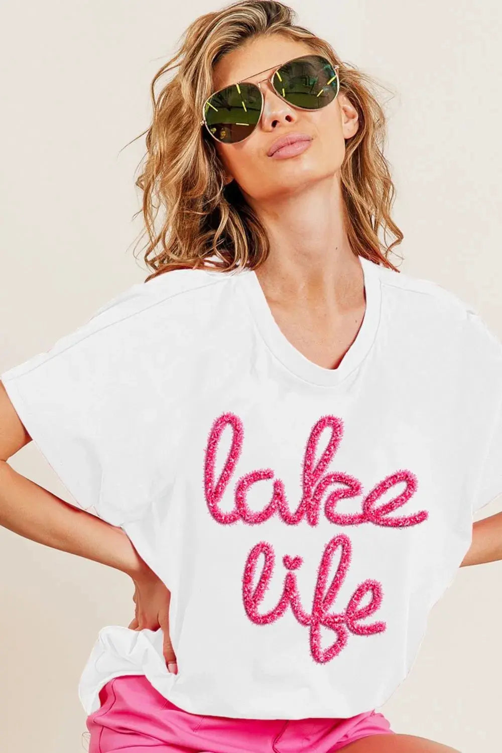 T-Shirt Casual Tee - Metallic Letter - Dolman Short Sleeve