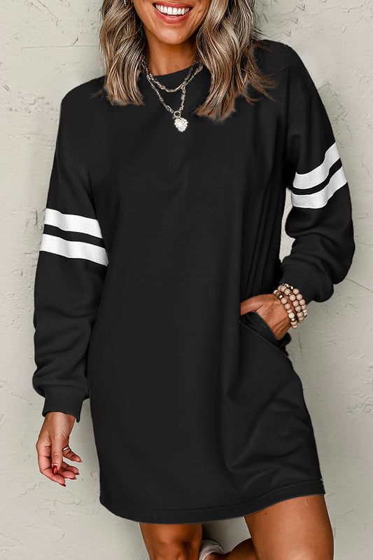 Minivestido suelto negro estilo preppy de manga a rayas