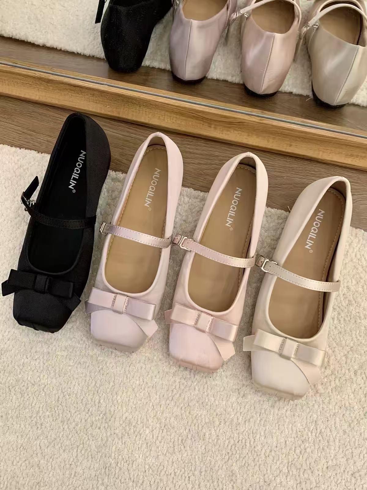 Women French Gentle Satin Ribbon Bow Mary Jane Flats, Square Toe Single Mini Buckle Shiny Silk Casual Daily Wedding Doll Ballet Shoes