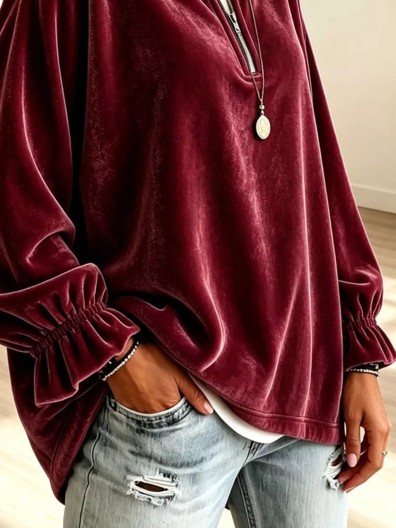 Velvet Quarter-Zip Sweatshirt with Ruffled Cuffs