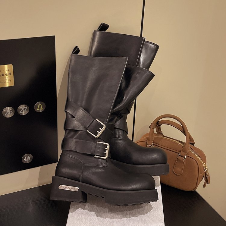 High Top Retro Boots Belt Buckle Biker Chunky Heel