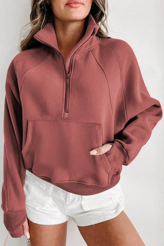 Sudadera de cuello medio con cremallera y forro polar liso