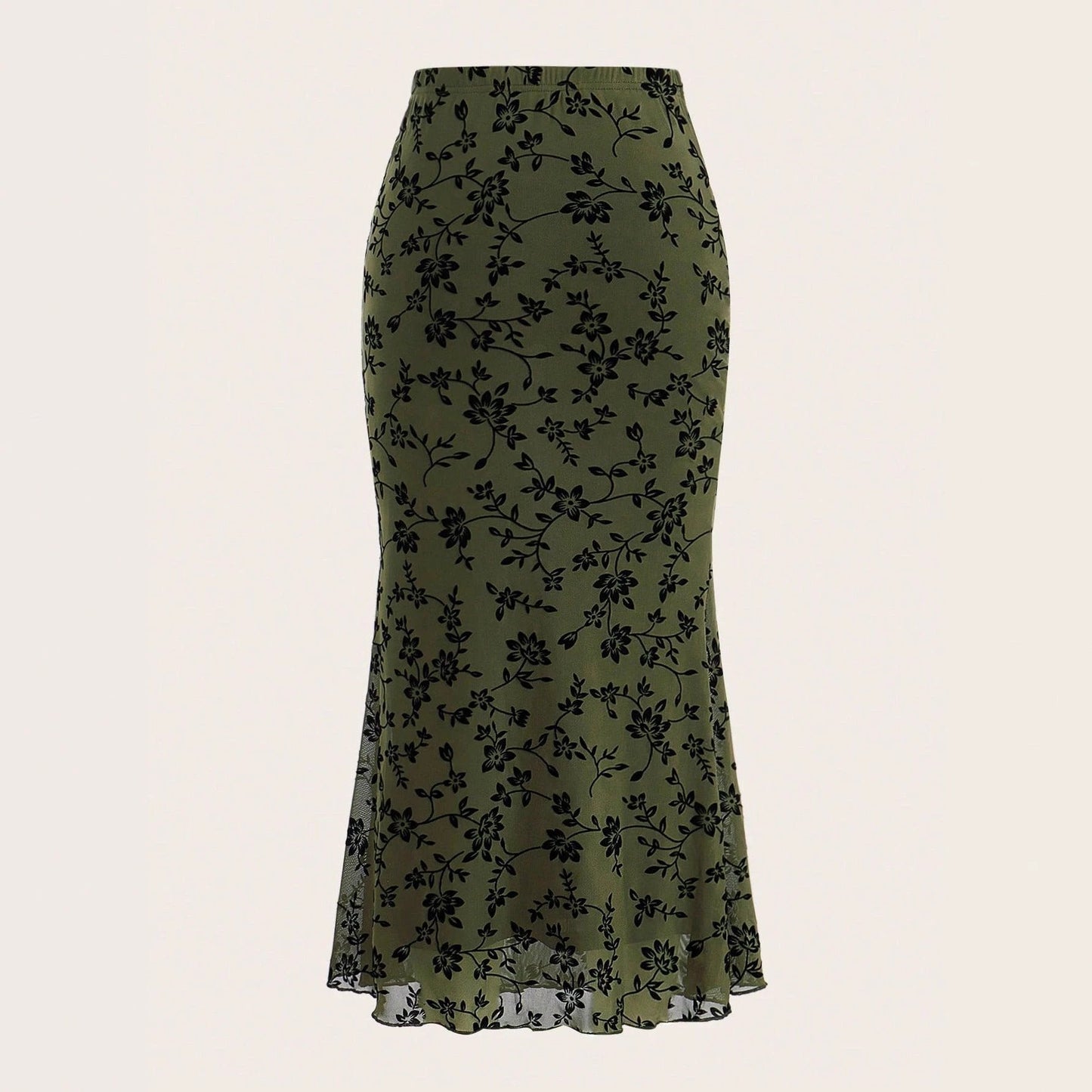 Dark Green Floral Half-length Fishtail Skirt For Women