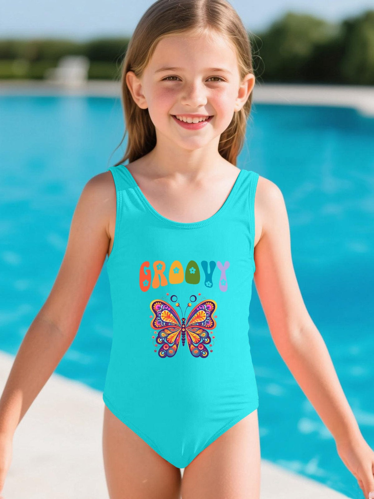 Groovy Butterfly Girls' Summer One-Piece Swimsuit (Front Printing)