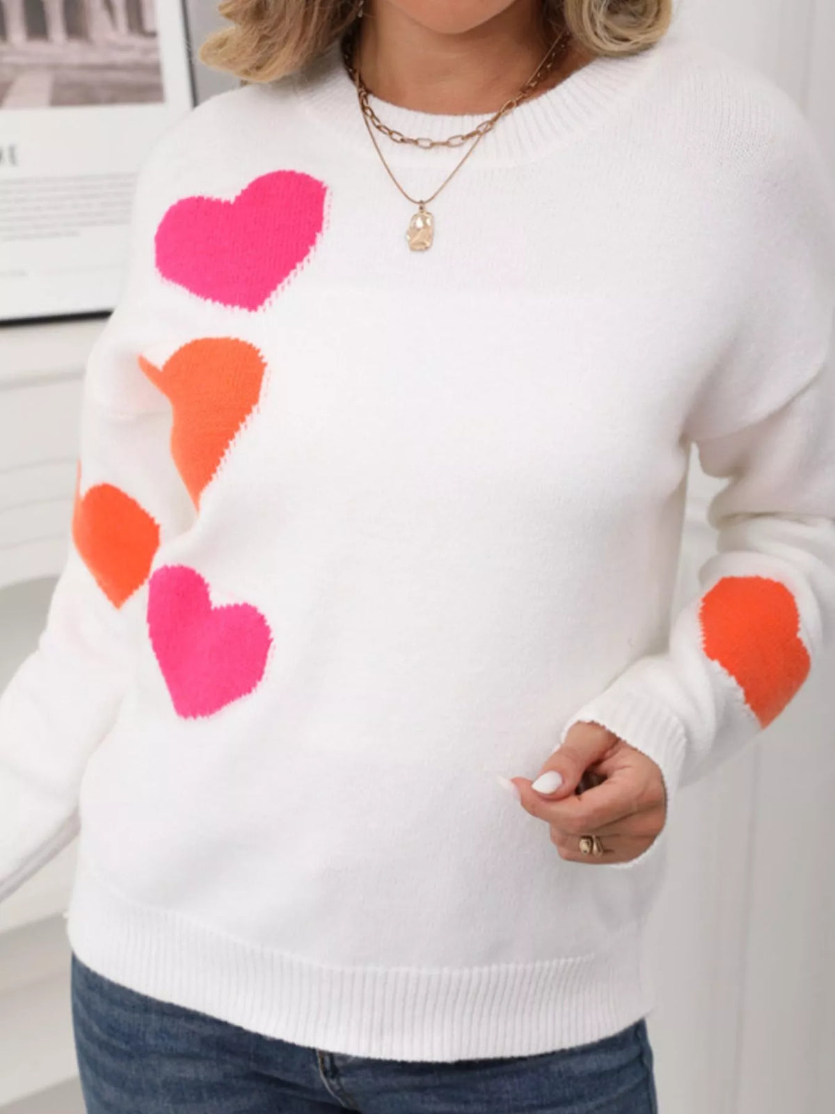 Valentine's Day Heart Pattern Round Neck Sweater