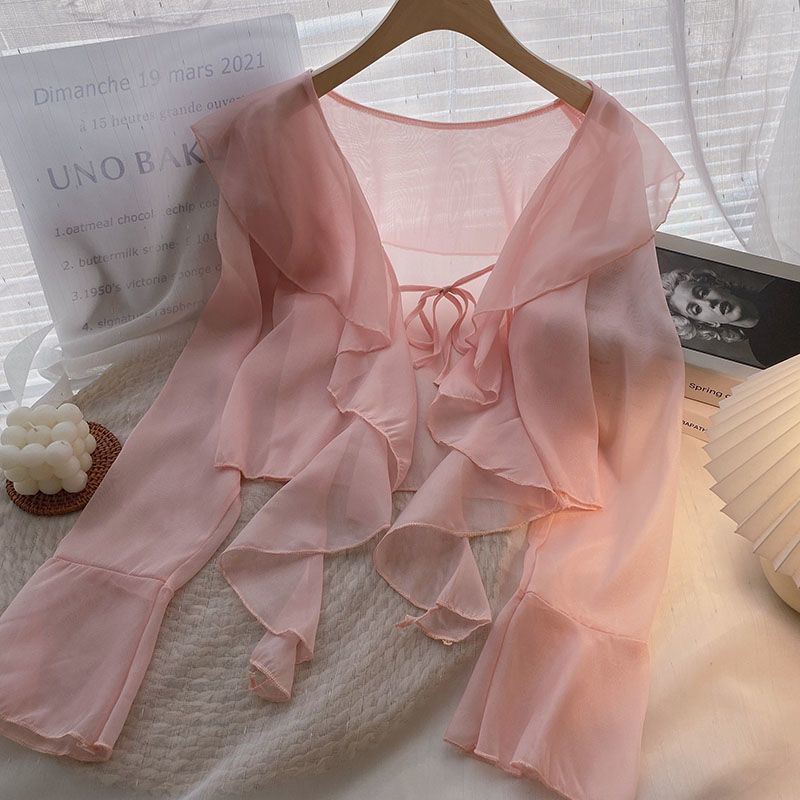 Plus-size Ruffled Chiffon Sun-protective Top For Women