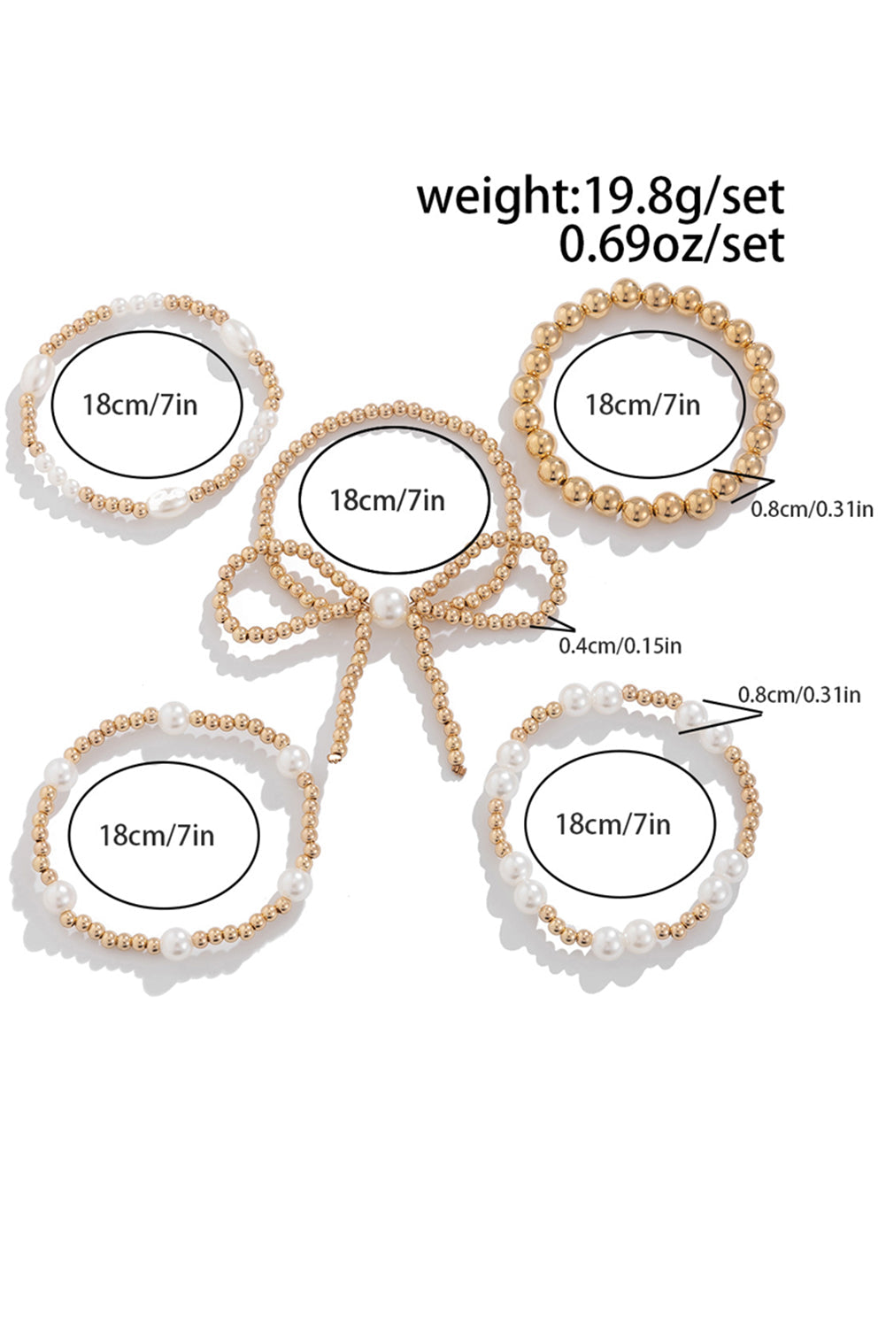 Set de pulseras de varias capas con cuentas de perlas y lazo dorado
