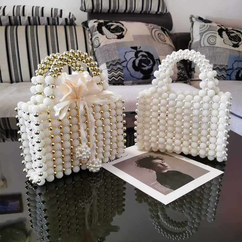 Women's Woven Pearl Beaded Dinner Handbag