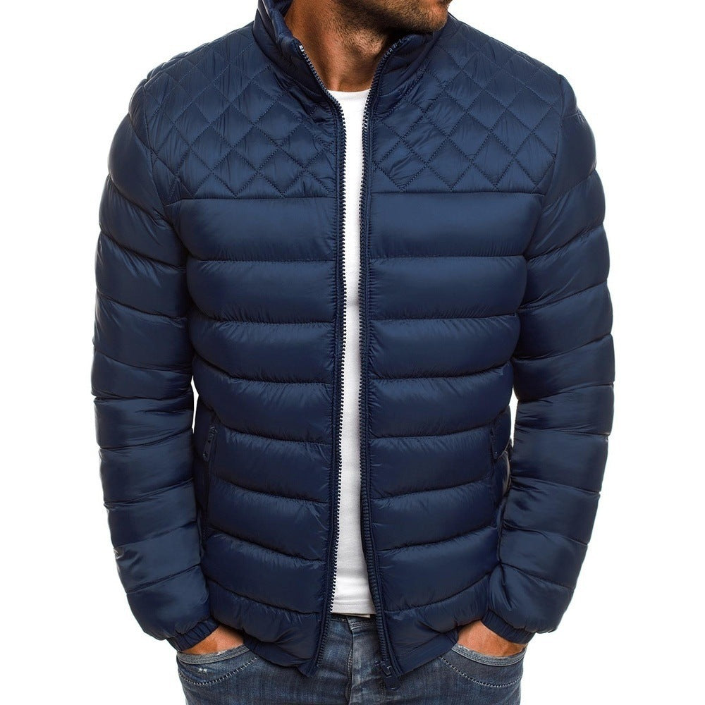Chaqueta de invierno para hombre, color liso, cuello alto, diseño de costura de rombos, abrigo informal de negocios