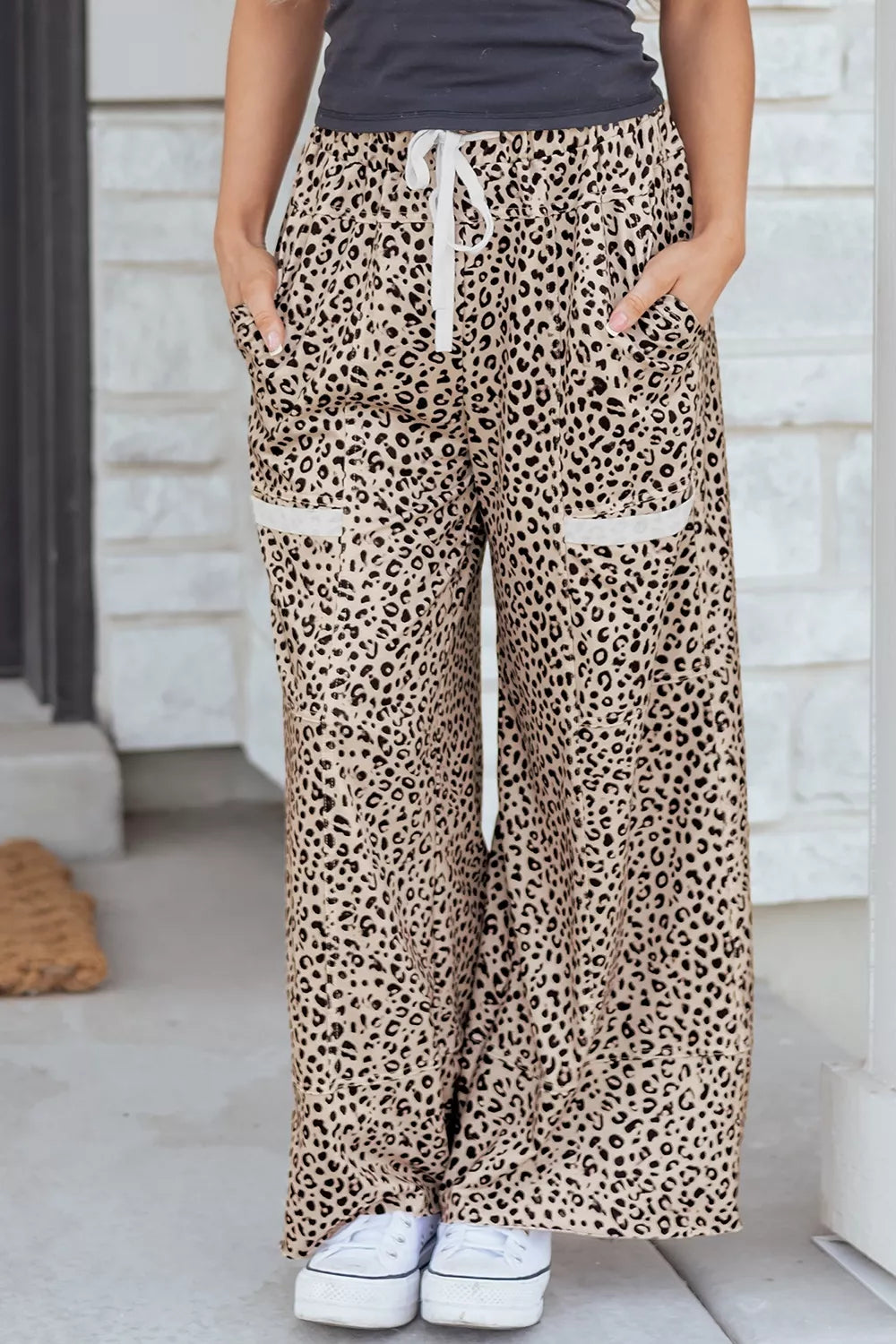 Leopard Print Wide-Leg Pants with Drawstring