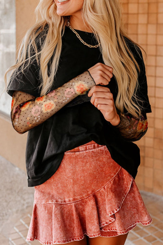 Top de manga larga patchwork floral efecto dos piezas