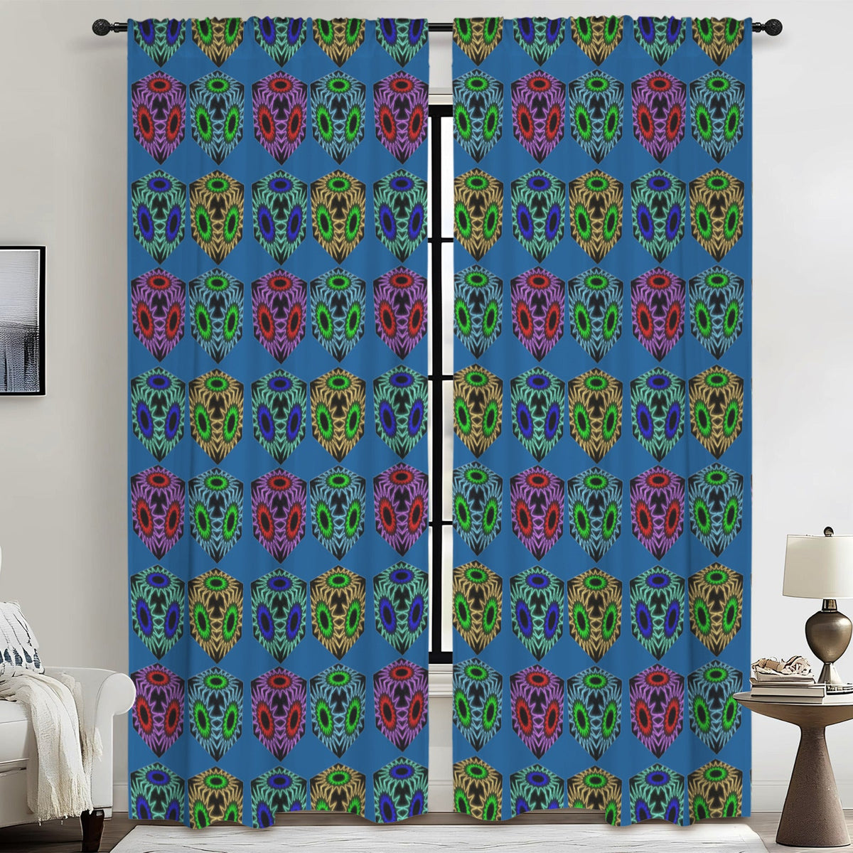 Colorful Cubes Blue Window Curtains - 5 Sizes Available