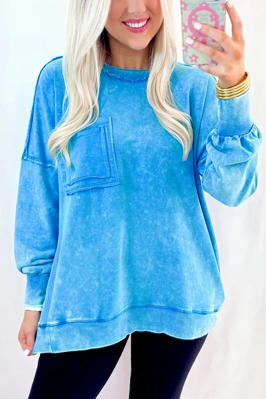 Sudadera con Parches Dobles de Bolsillo con Costura sin Terminar y Lavado Mineral Azul