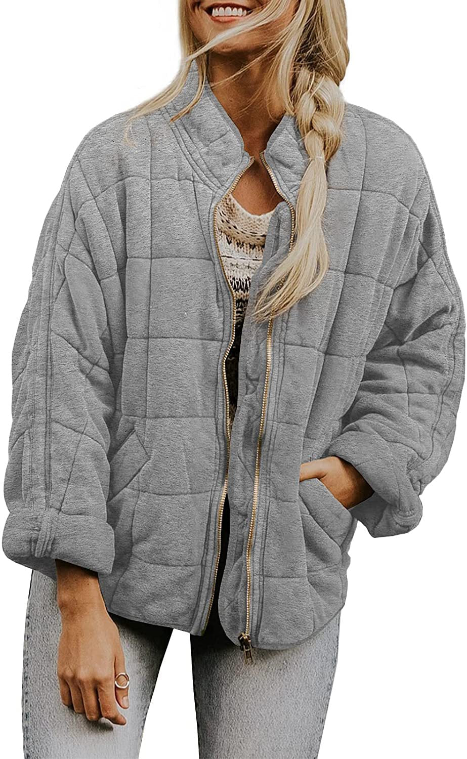 Winter Zip-up Stand Collar Coat With Pockets Fashion Solid Color Plaid Long Sleeved Jacket Women's Clothing