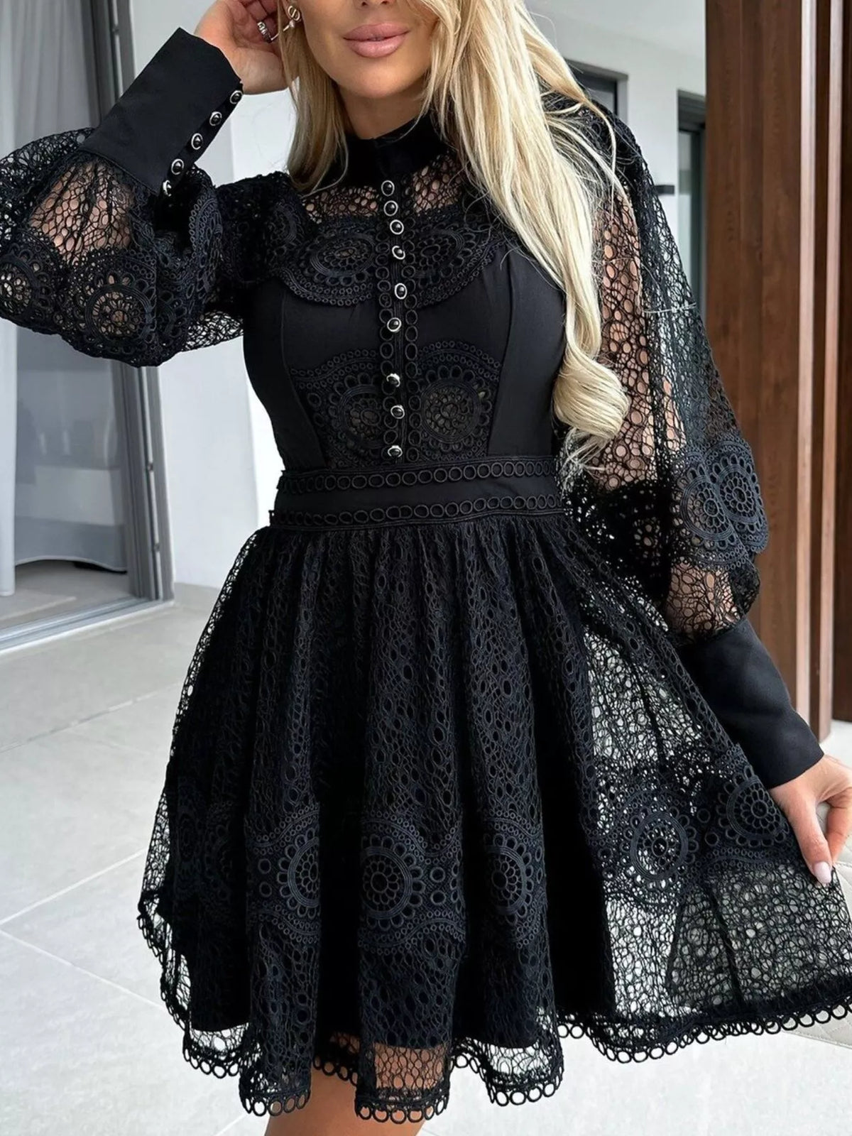 Lace Lantern Sleeve Mini Dress