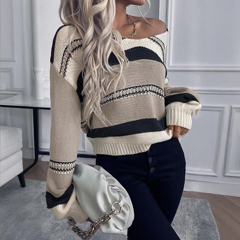 Women's French Vintage Striped Sweater | V-Neck Long Sleeve Stretch Knit Top