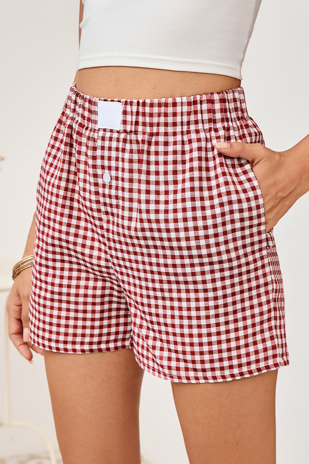 Shorts de pierna ancha sueltos de talle alto con estampado a cuadros vintage verde helecho