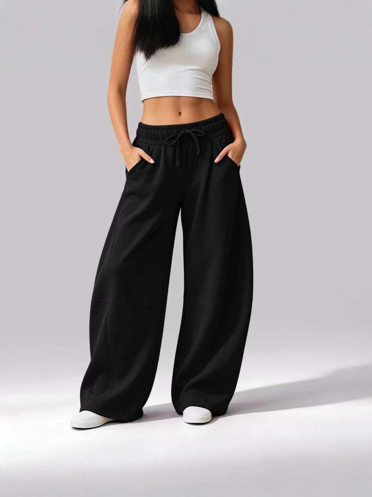 Women's Solid Color Casual Pocket Wide-Leg Pants, Fleece-Lined Drawstring Sweatpants