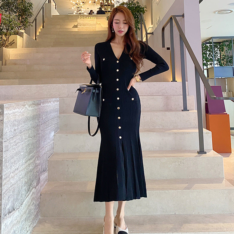 Temperament V-neck Slim Bottoms Sweater Long Skirt
