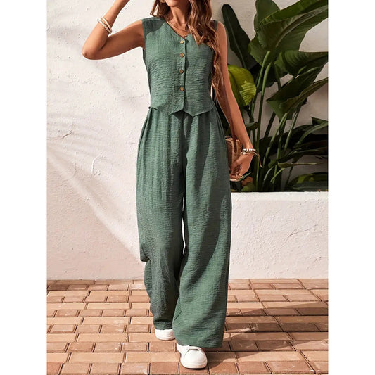 Conjunto de pantalón de pierna ancha y chaleco tipo blazer corto para mujer
