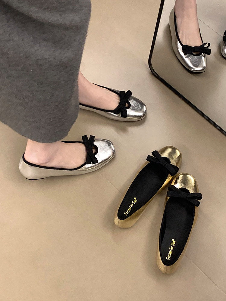 Women Elegant Round Square Toe Hidden Height Flats, Bow Decor Mary Jane Slip On Ballet Shoes, Matching Dress Casual Footwear 2026