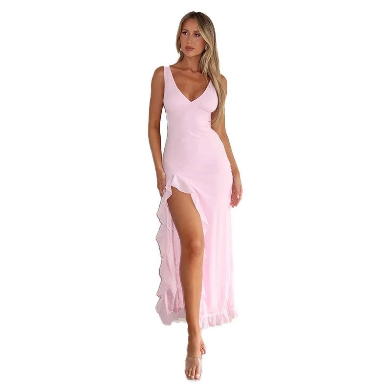 Women's Ruffles Split Suspender Dress Sexy Slim-fit V-neck Evening Party Dresses Clothing