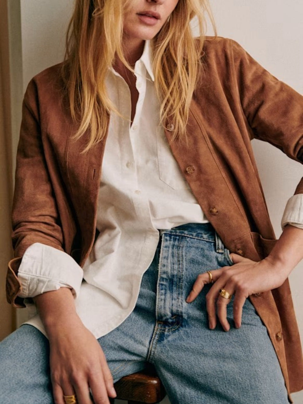 Shawl-collar Suede-like Faux Leather Shirt Jacket