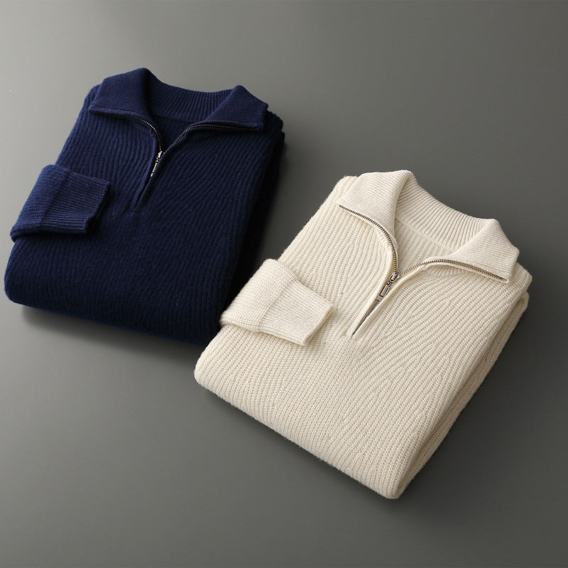 Mens Half-Zip Polo-Neck Thickened Casual Fashion Sweater