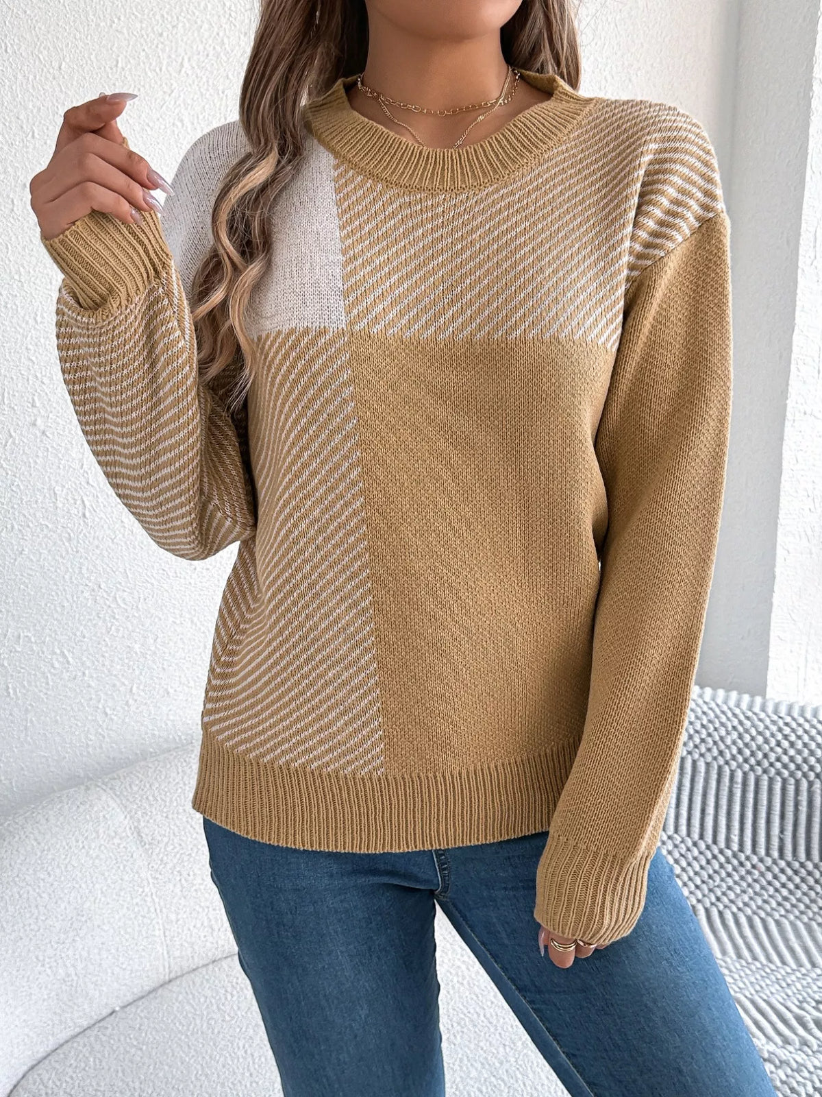 Color Block Striped Round Neck Sweater