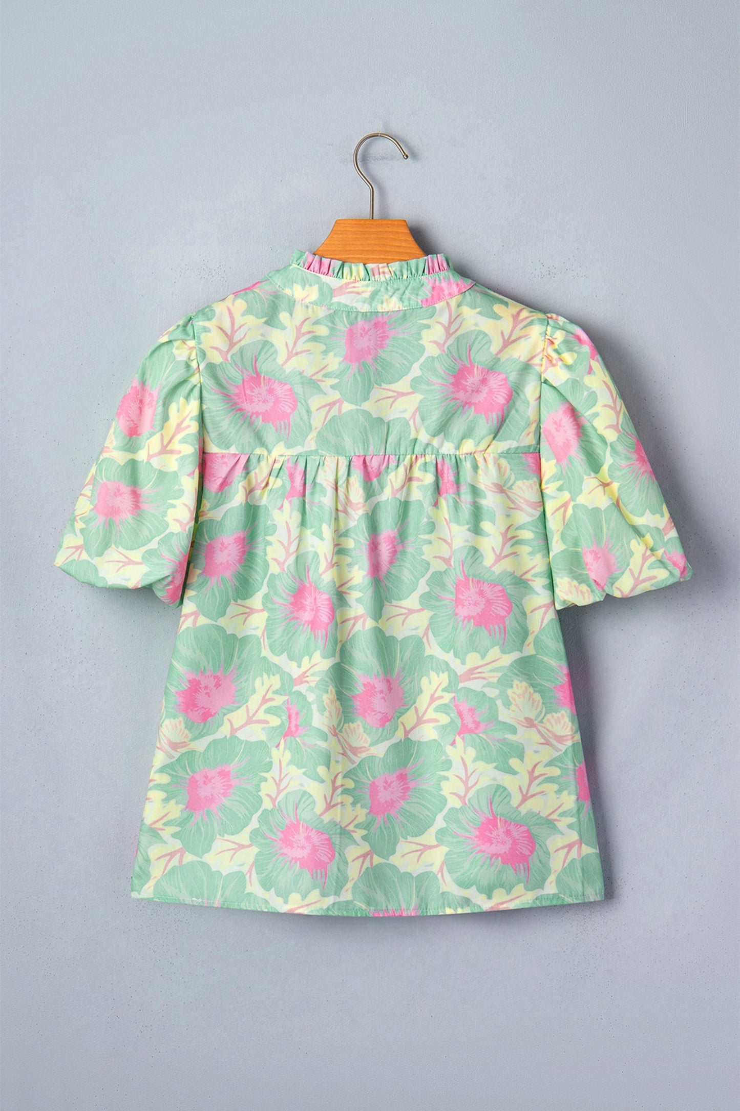 Yellow Short Bubble Sleeve Summer Floral Blouse