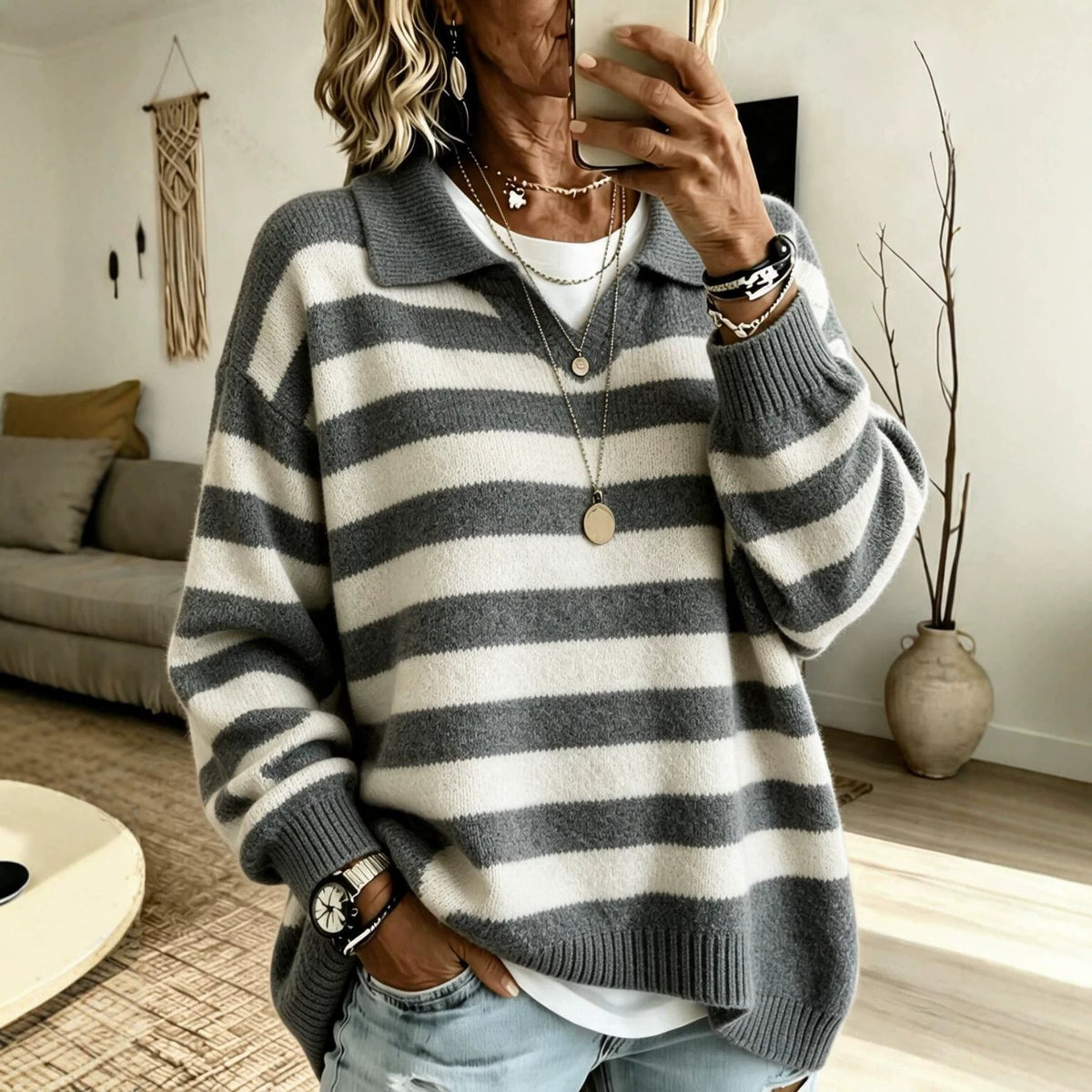 Women's Striped Color-Block Navy-Style Knit Sweater With Lapel Collar