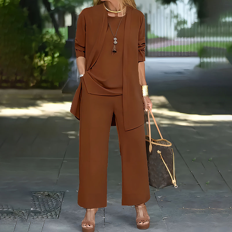 Conjunto informal de 3 piezas de talla grande para mujer, cárdigan abierto, chaleco sin mangas, pantalones, conjunto de salón de color liso