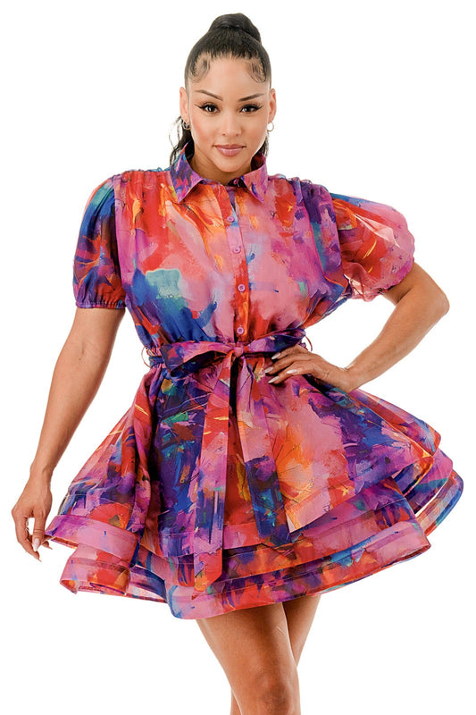 Vestido de volantes en capas de manga corta y manga larga transparente