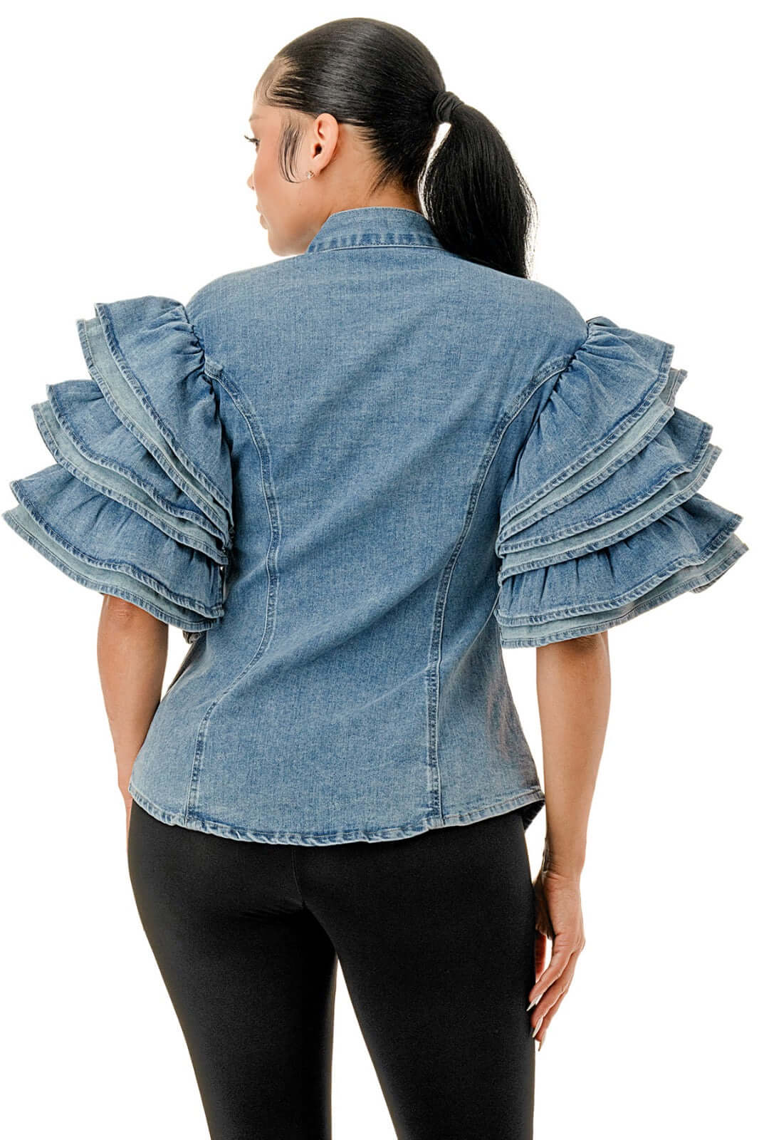 Blusa vaquera con lazo y mangas con volantes {GRAN ELASTICIDAD}