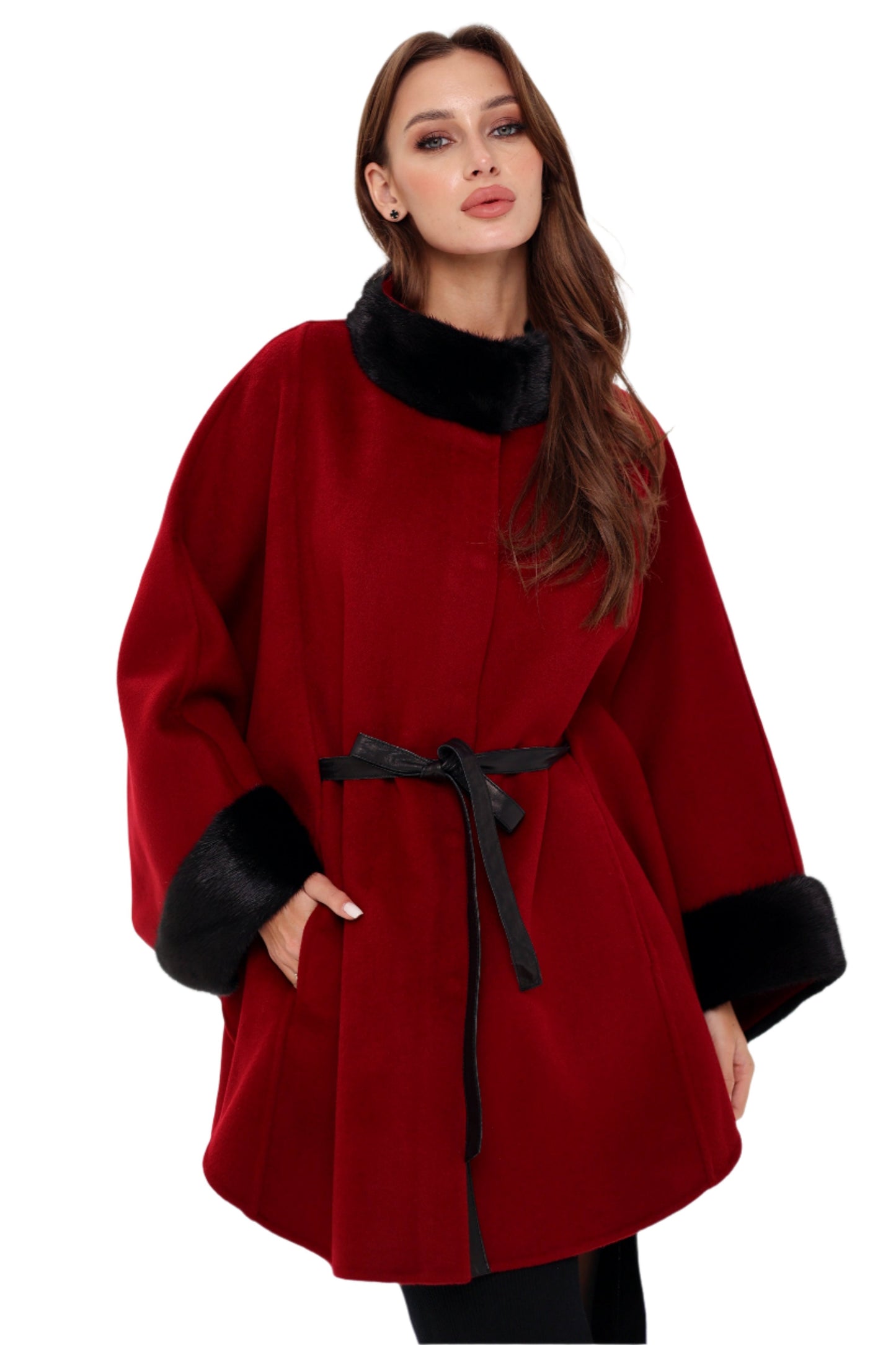 Poncho de lana de doble cara con piel de visón escandinavo auténtico