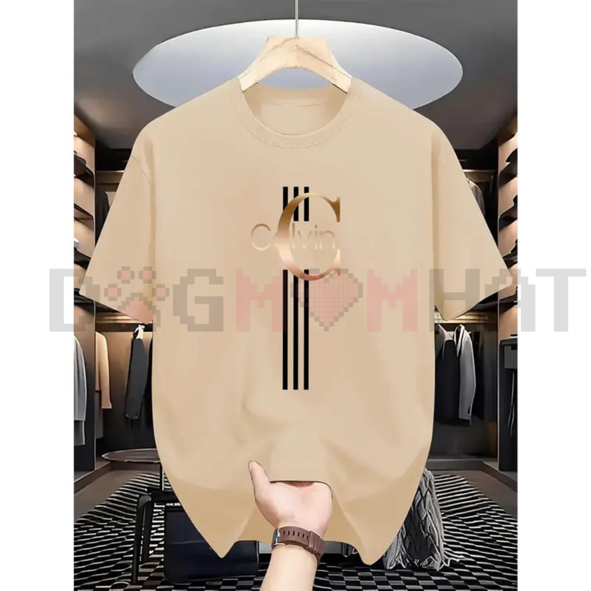 Men's Casual Calvin Print T-Shirt – Black with Gold Stripes Design, Premium Daily Street Style Crew Neck, Breathable Summer Urban Essential