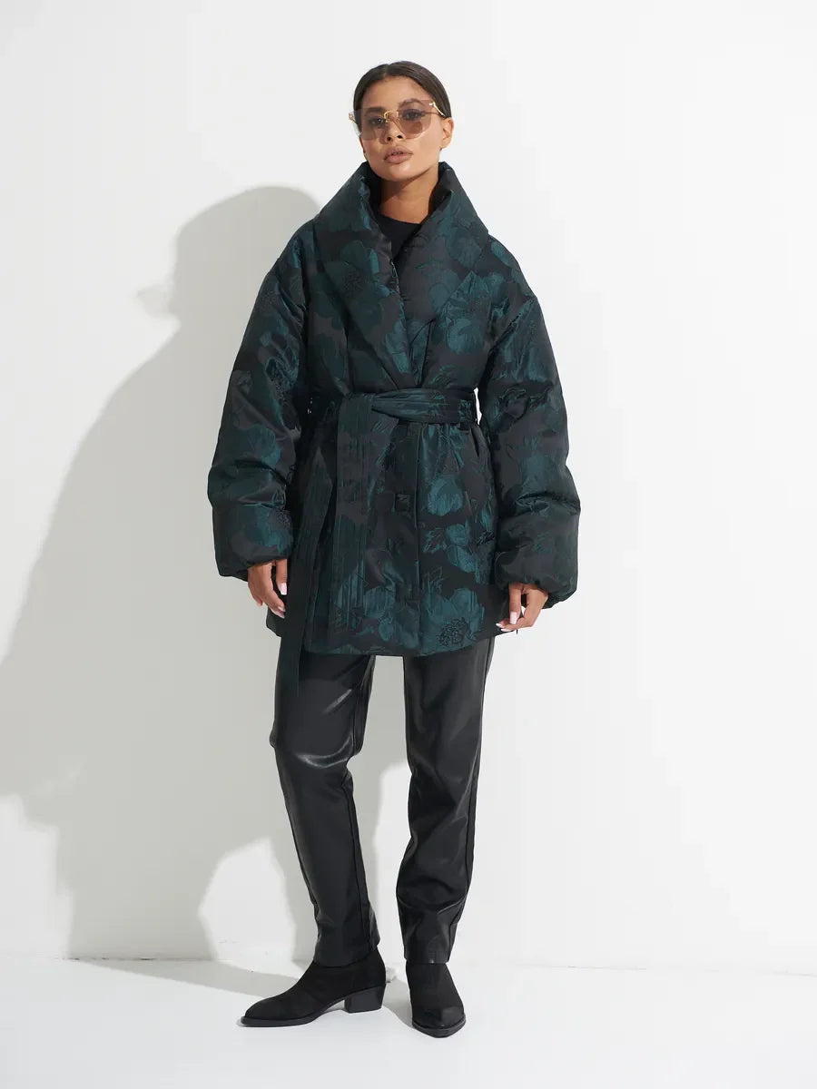 Abrigo de Plumón Jacquard Monocromático en Verde Esmeralda Vintage