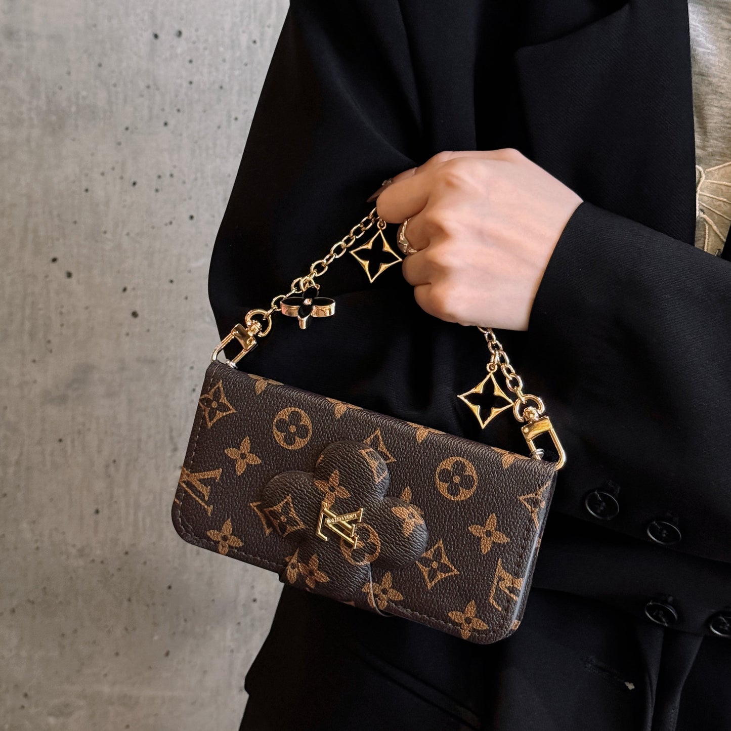 Stylish LV Print Multifunctional iPhone Crossbody Case - with Chain Strap, Stand & Card Slots