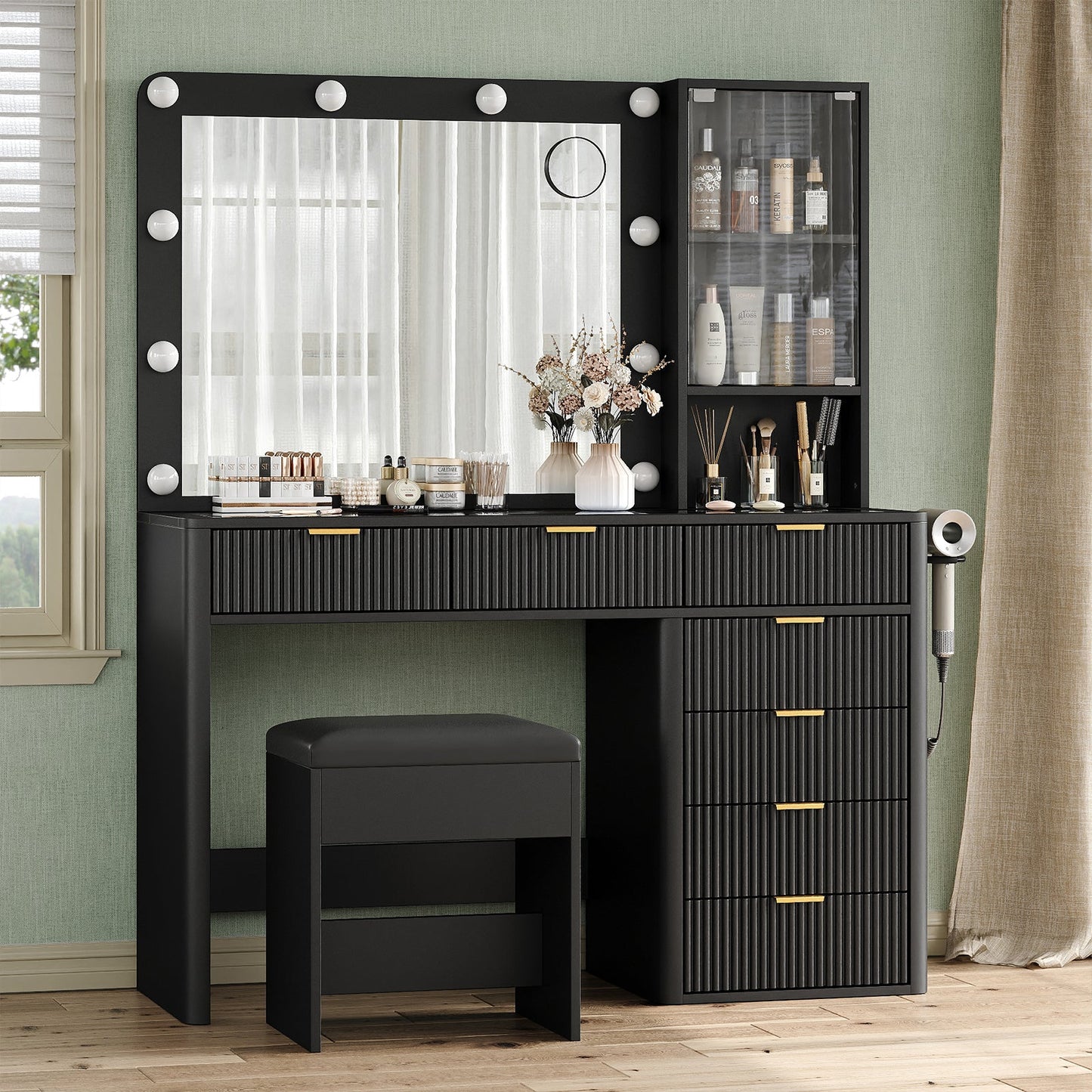 Vektaya US-VD013 Tocador de maquillaje para dormitorio con espejo LED, 7 cajones