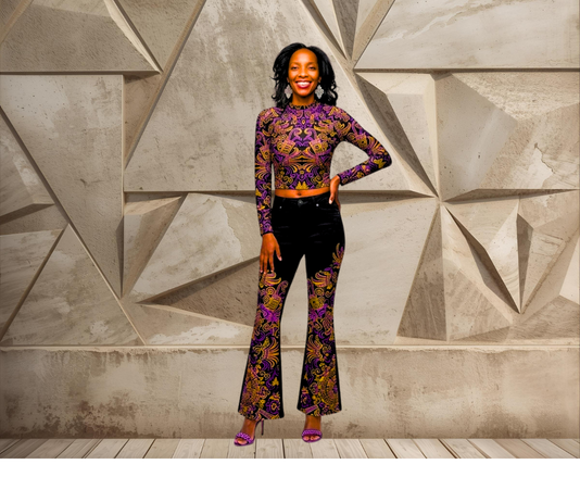 Aztec designer gold and purple sexy flare designs LP Flared Pants Designs by DESIGNS BY KIEKIE