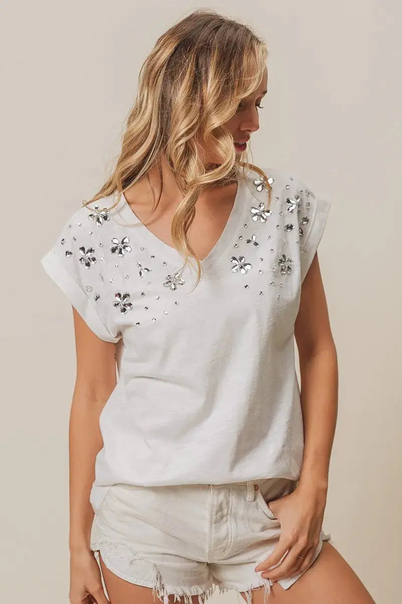 Women's Tops Women's Top - Slub Rhinestone V-Neck - Comfy Fit