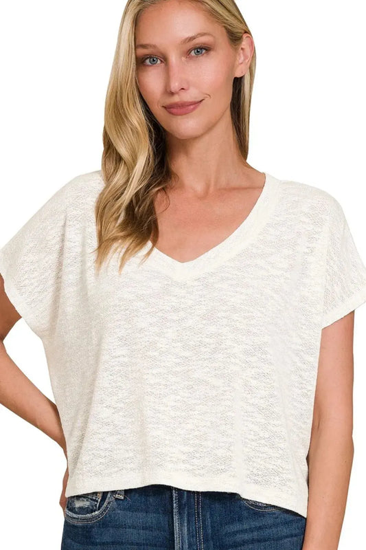Top crop de mujer con cuello en V Top de mujer con cuello en V - Hacci suave y cómodo - Camiseta crop informal