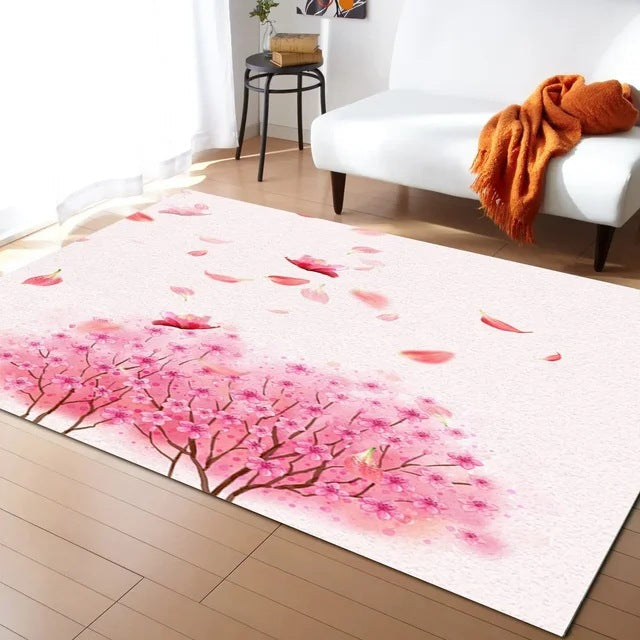 Pastel Cherry Blossom And Crescent Moon Non-Slip Flannel Floor Mat Home Rug Decoration
