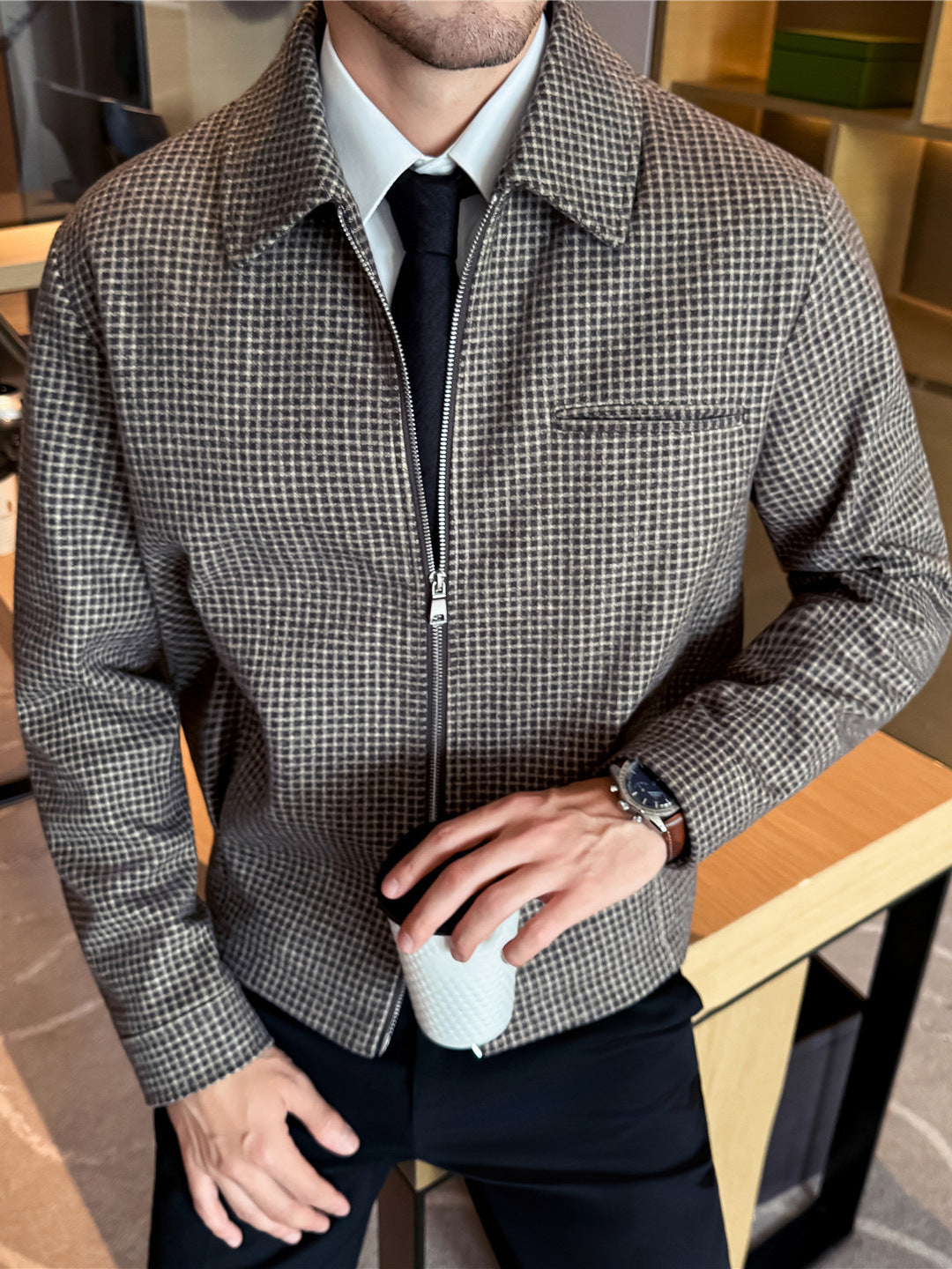 Fashionable Houndstooth Men's Wool Jacket
